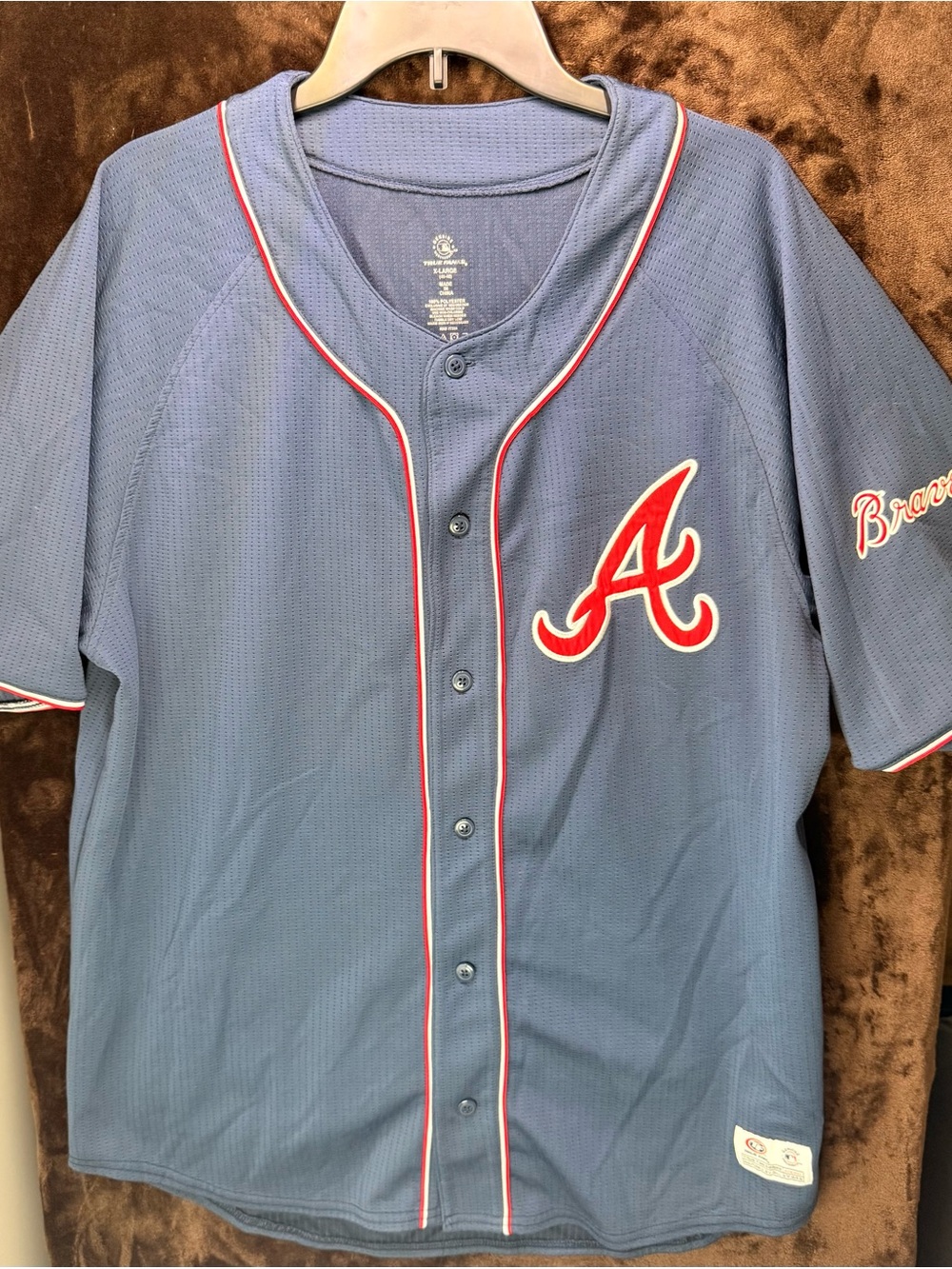 Men's Blue Atlanta Braves Button-Up Jersey with Red Accents